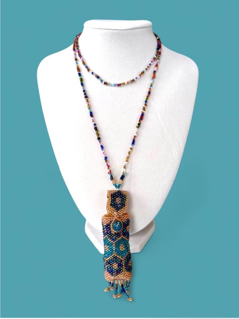 Handmade Beaded Pendant Necklace in Blue and Gold